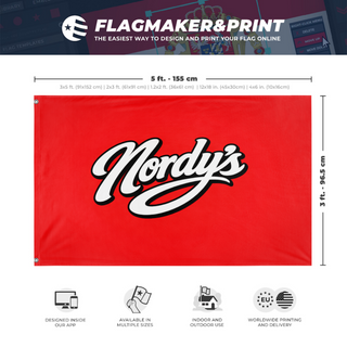 A mockup depicting custom flag specifications and measurements for 'nordys flag'