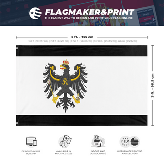 A mockup depicting custom flag specifications and measurements for 'Prussia Flag 1892'