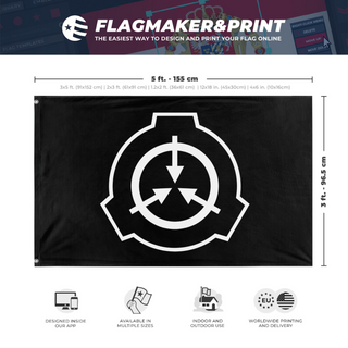 A mockup depicting custom flag specifications and measurements for 'SCP Foundation flag'
