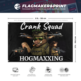 A mockup depicting custom flag specifications and measurements for 'hogmaxxing flag'