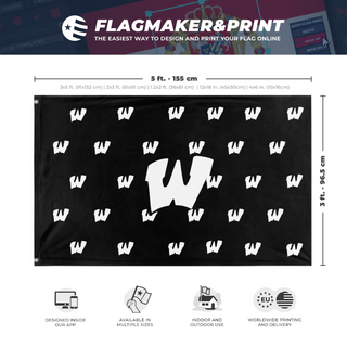 A mockup depicting custom flag specifications and measurements for 'Warrior W's Black/white flag'