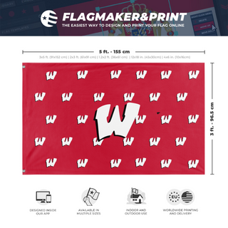A mockup depicting custom flag specifications and measurements for 'WArrior W Red/white flag'