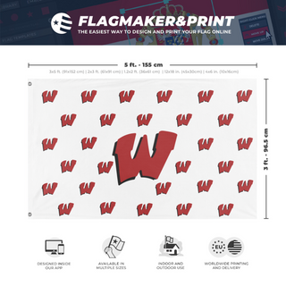 A mockup depicting custom flag specifications and measurements for 'Warrior W's White/red flag'