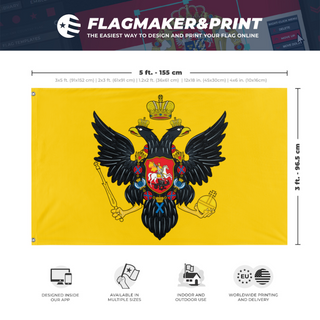 A mockup depicting custom flag specifications and measurements for 'Russian Imperial Standard'