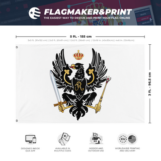 A mockup depicting custom flag specifications and measurements for 'Kingdom Of Prussia'