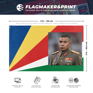 A mockup depicting custom flag specifications and measurements for 'Mbappe land flag'