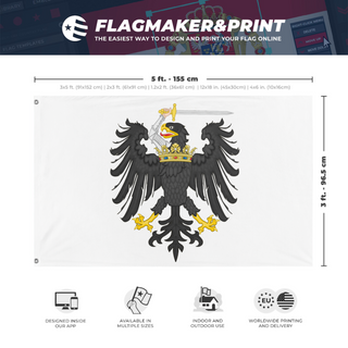 A mockup depicting custom flag specifications and measurements for 'Redesigned Royal Prussia  flag'