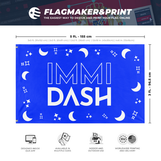A mockup depicting custom flag specifications and measurements for 'Immi Dash Final flag'