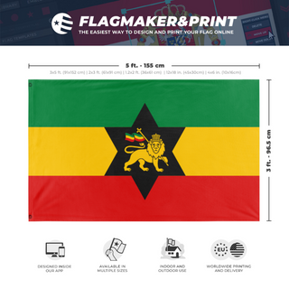A mockup depicting custom flag specifications and measurements for 'Rasta Carribean Empire flag'