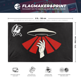 A mockup depicting custom flag specifications and measurements for 'Salvacion Sideral flag'