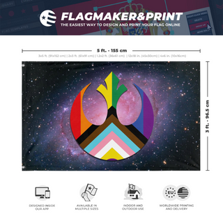 A mockup depicting custom flag specifications and measurements for 'Star Wars Rebel Pride flag'