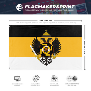 A mockup depicting custom flag specifications and measurements for 'Holy Russia Redesign  flag'