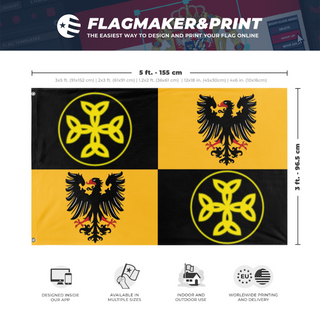 A mockup depicting custom flag specifications and measurements for 'East Francia  flag'