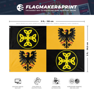 A mockup depicting custom flag specifications and measurements for 'East Francia Reworked flag'