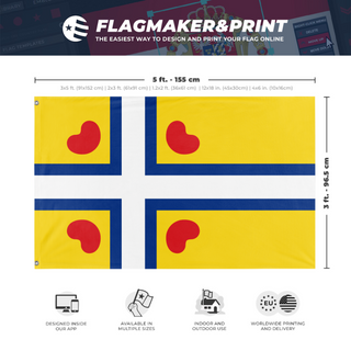 A mockup depicting custom flag specifications and measurements for 'Flag of Frisia'