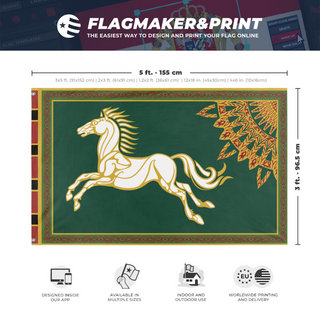 A mockup depicting custom flag specifications and measurements for 'Flag of Rohan'