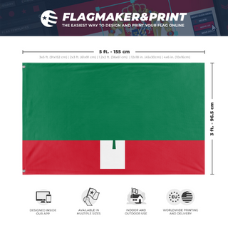 A mockup depicting custom flag specifications and measurements for 'Democratic Republic of Maine flag'