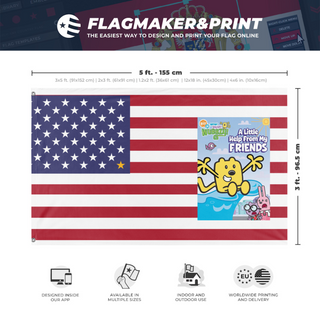 A mockup depicting custom flag specifications and measurements for 'Www in the United States flag'