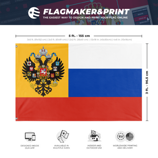 A mockup depicting custom flag specifications and measurements for 'Imperial Russian WWI flag'