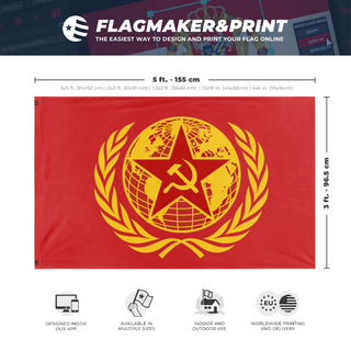 A mockup depicting custom flag specifications and measurements for 'Communist Internationale flag'