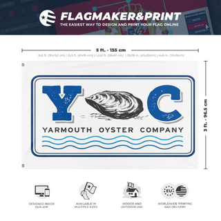 A mockup depicting custom flag specifications and measurements for 'YOC flag'