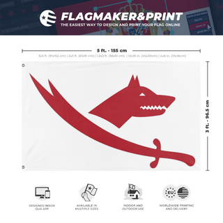 A mockup depicting custom flag specifications and measurements for 'Turkoman-Alevi Flag'