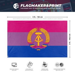 A mockup depicting custom flag specifications and measurements for 'BDR Flag'