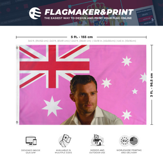 A mockup depicting custom flag specifications and measurements for 'aussie flag'