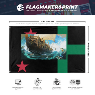 A mockup depicting custom flag specifications and measurements for 'T flag'