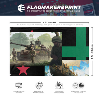 A mockup depicting custom flag specifications and measurements for 'T flag'