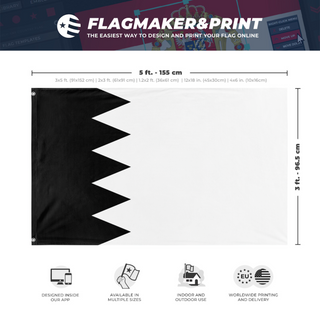 A mockup depicting custom flag specifications and measurements for 'Dark Mode Bahrain flag'