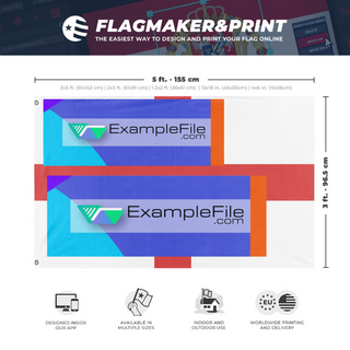 A mockup depicting custom flag specifications and measurements for 'TEST flag'