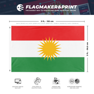 A mockup depicting custom flag specifications and measurements for 'kur flag'
