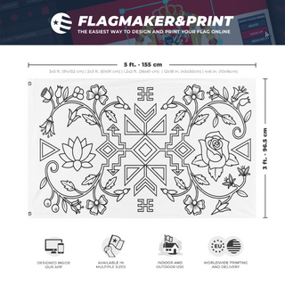 A mockup depicting custom flag specifications and measurements for 'test b&k flag'