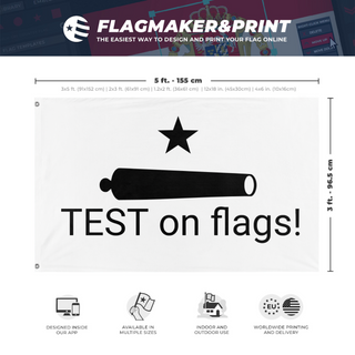 A mockup depicting custom flag specifications and measurements for 'test flag'