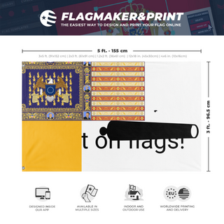 A mockup depicting custom flag specifications and measurements for 'T flag'