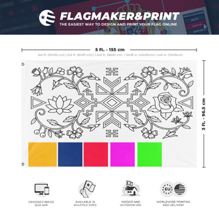 A mockup depicting custom flag specifications and measurements for 'test2 flag'