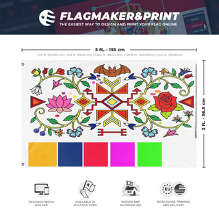 A mockup depicting custom flag specifications and measurements for 'Test color test3 flag'