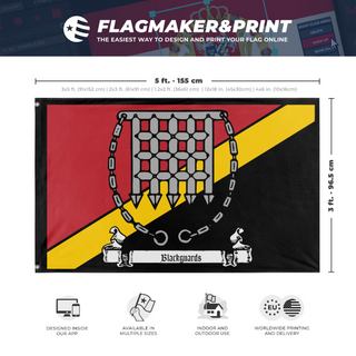 A mockup depicting custom flag specifications and measurements for 'Blackguards flag'