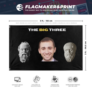 A mockup depicting custom flag specifications and measurements for 'The big 3 flag'