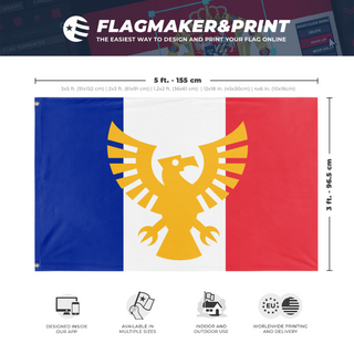 A mockup depicting custom flag specifications and measurements for 'New people's republic of France  flag'