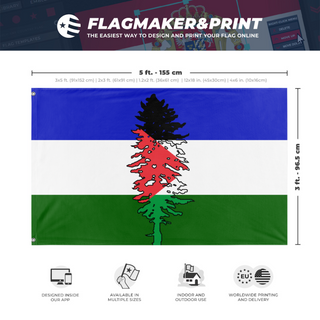 A mockup depicting custom flag specifications and measurements for 'Cascadia for Palestine'