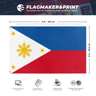 A mockup depicting custom flag specifications and measurements for 'First Philippine Republic / Malolos Republic flag'