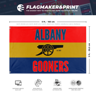 A mockup depicting custom flag specifications and measurements for 'Gooners Flag'
