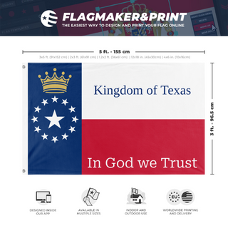 A mockup depicting custom flag specifications and measurements for 'Kingdom of Texas flag'