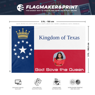 A mockup depicting custom flag specifications and measurements for 'Save Texas's Queen flag'