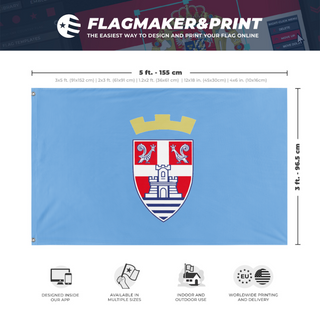 A mockup depicting custom flag specifications and measurements for 'Trebinje flag'