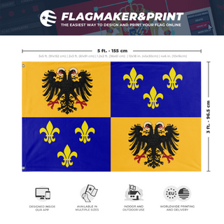 A mockup depicting custom flag specifications and measurements for 'Kingdom Of The Franks  flag'