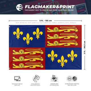 A mockup depicting custom flag specifications and measurements for 'England 1406-1603 flag'