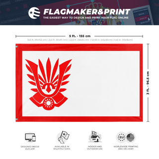 A mockup depicting custom flag specifications and measurements for 'Japanese Shield Society flag'
